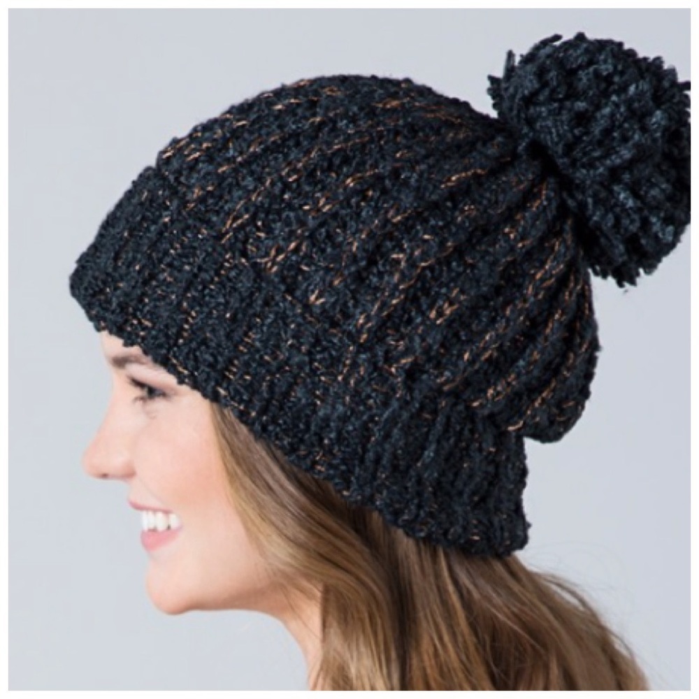 Black knit shimmer metallic pom beanie